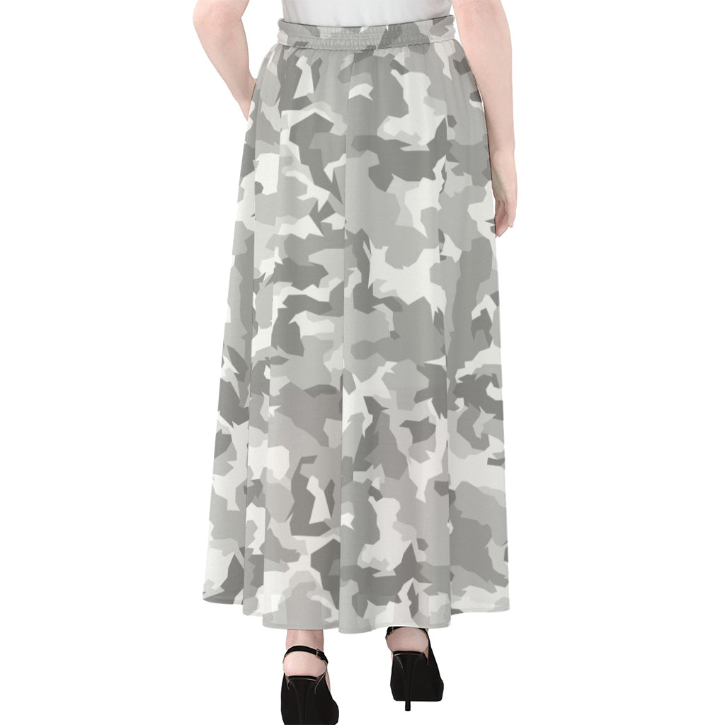 White Snow Camouflage Print Chiffon Maxi Skirt
