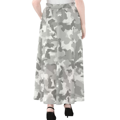 White Snow Camouflage Print Chiffon Maxi Skirt
