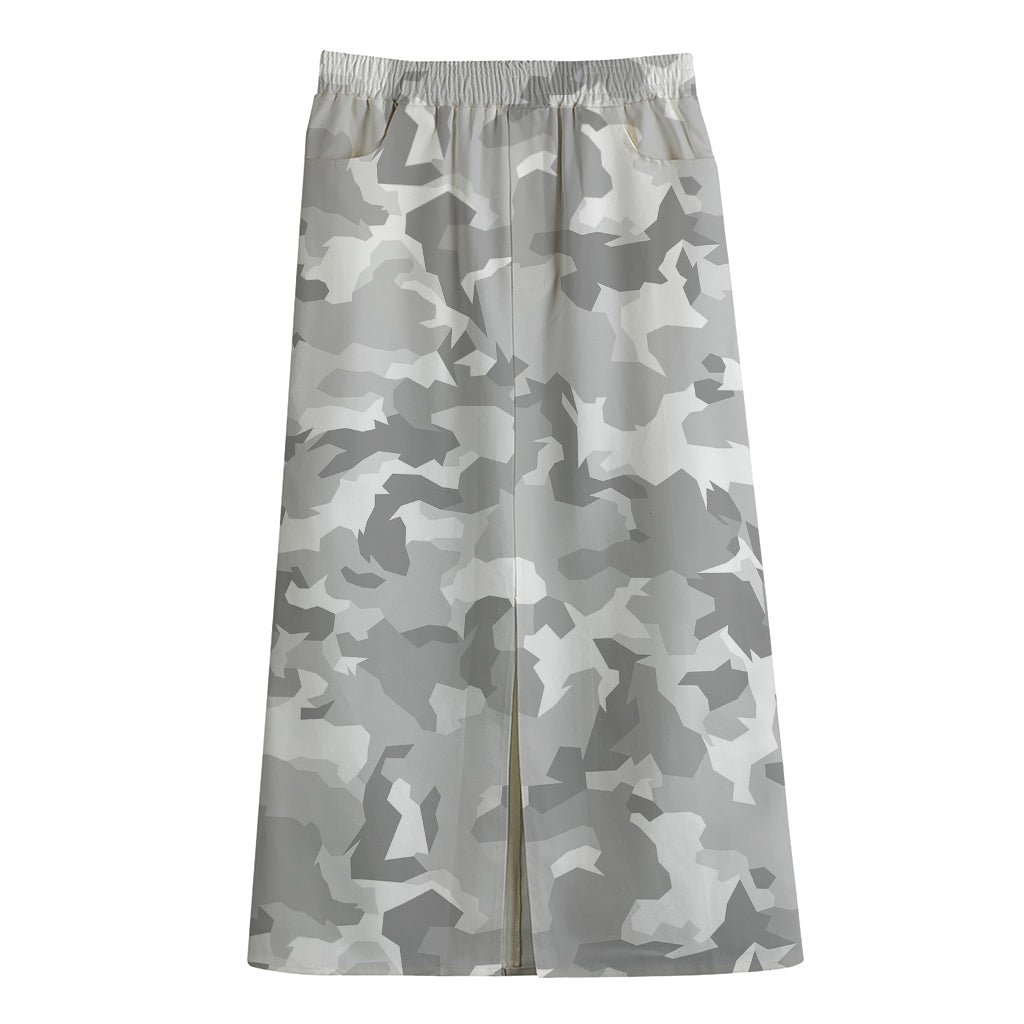 White Snow Camouflage Print Cotton Front Slit Maxi Skirt