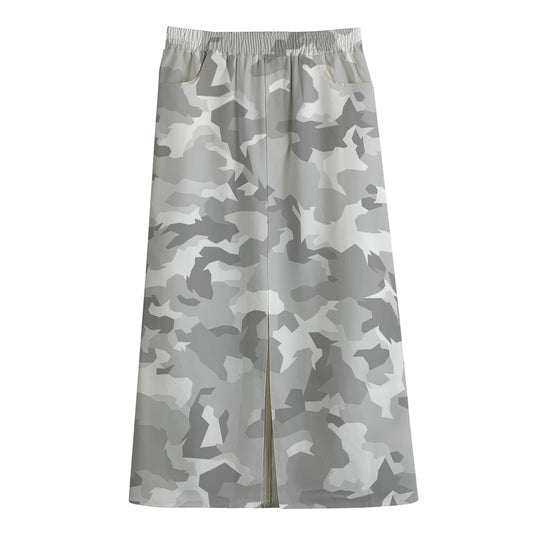 White Snow Camouflage Print Cotton Front Slit Maxi Skirt