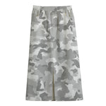 White Snow Camouflage Print Cotton Front Slit Maxi Skirt