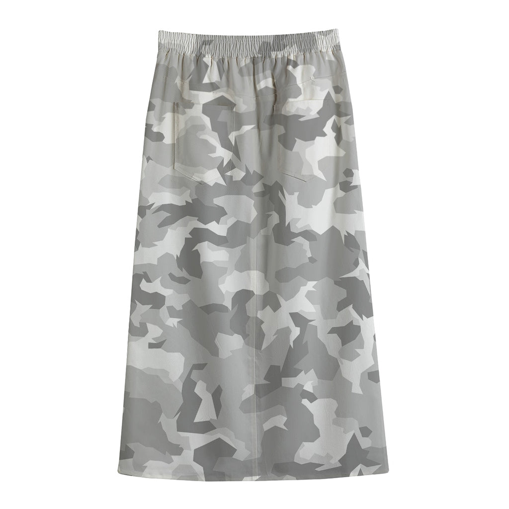 White Snow Camouflage Print Cotton Front Slit Maxi Skirt
