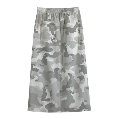 White Snow Camouflage Print Cotton Front Slit Maxi Skirt