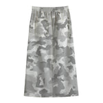 White Snow Camouflage Print Cotton Front Slit Maxi Skirt