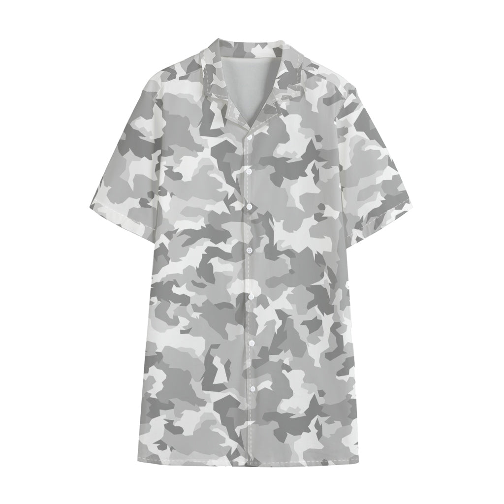White Snow Camouflage Print Cotton Hawaiian Shirt