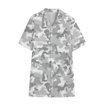White Snow Camouflage Print Cotton Hawaiian Shirt