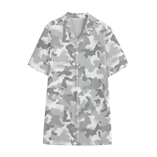 White Snow Camouflage Print Cotton Hawaiian Shirt