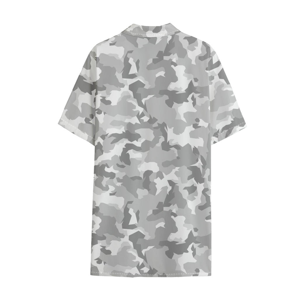White Snow Camouflage Print Cotton Hawaiian Shirt