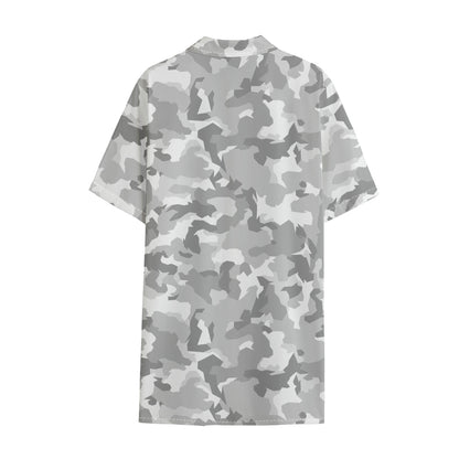 White Snow Camouflage Print Cotton Hawaiian Shirt