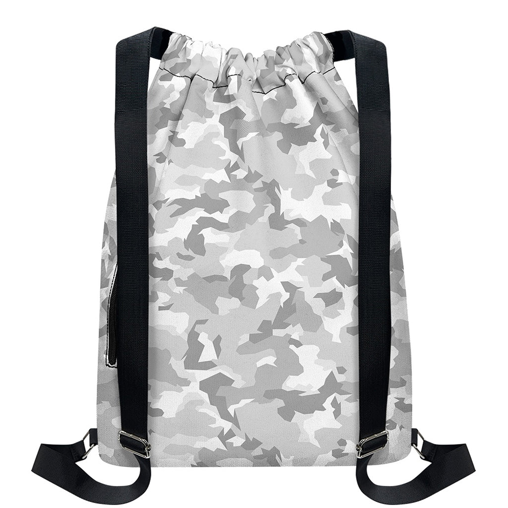 White Snow Camouflage Print Drawstring Backpack