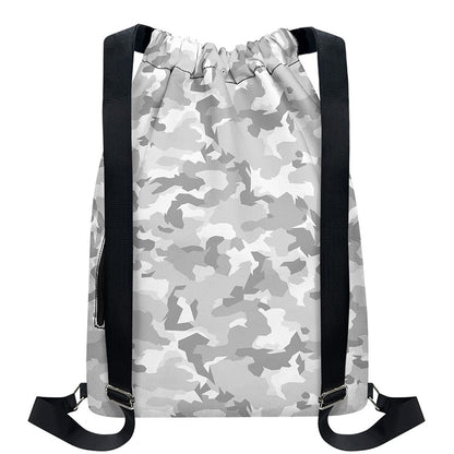 White Snow Camouflage Print Drawstring Backpack