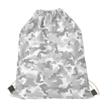 White Snow Camouflage Print Drawstring Bag