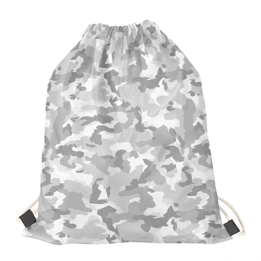 White Snow Camouflage Print Drawstring Bag
