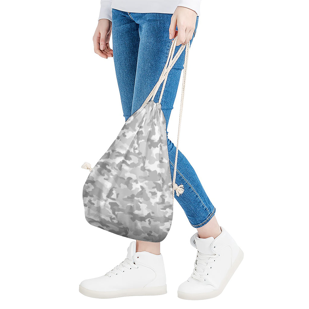 White Snow Camouflage Print Drawstring Bag