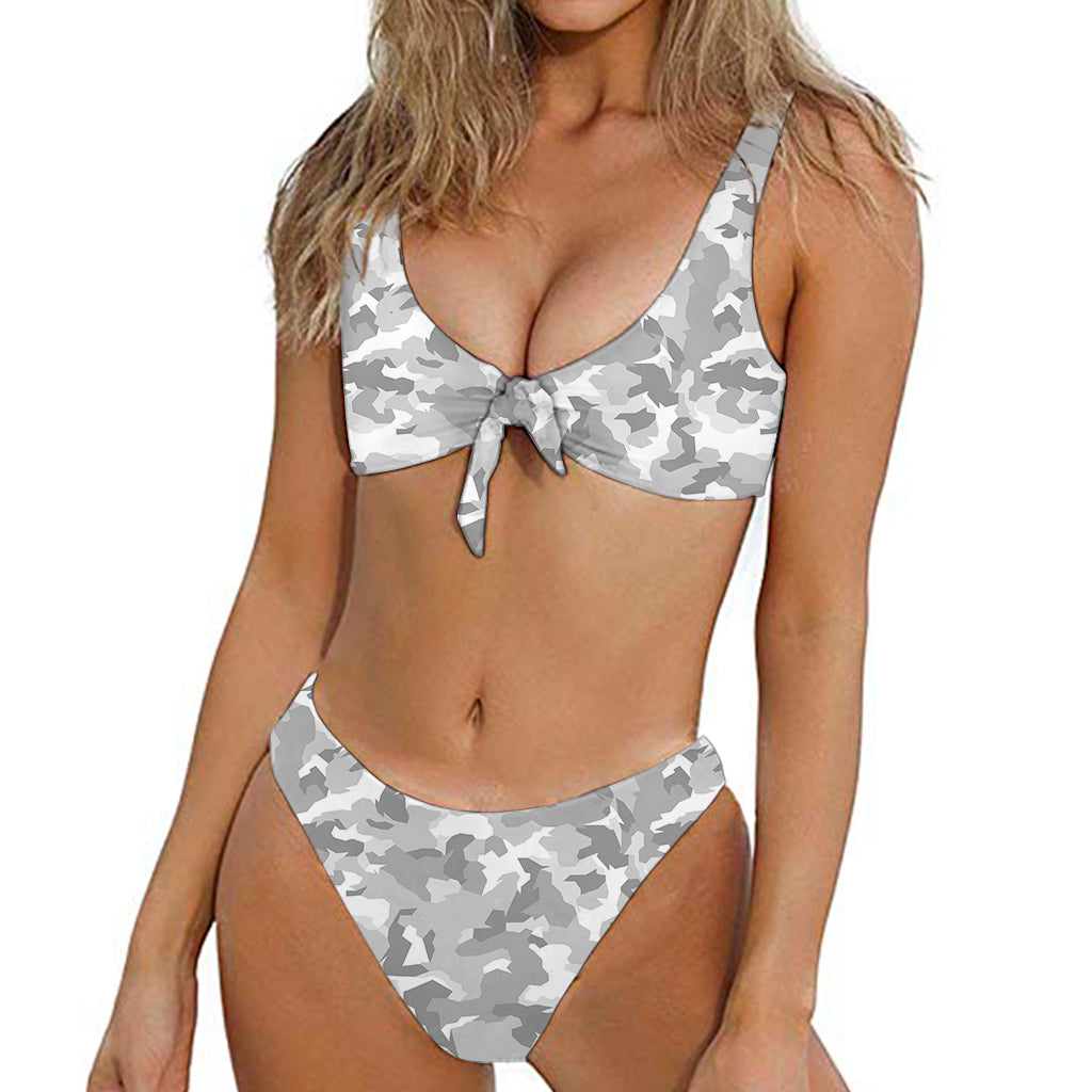 White Snow Camouflage Print Front Bow Tie Bikini