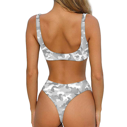 White Snow Camouflage Print Front Bow Tie Bikini