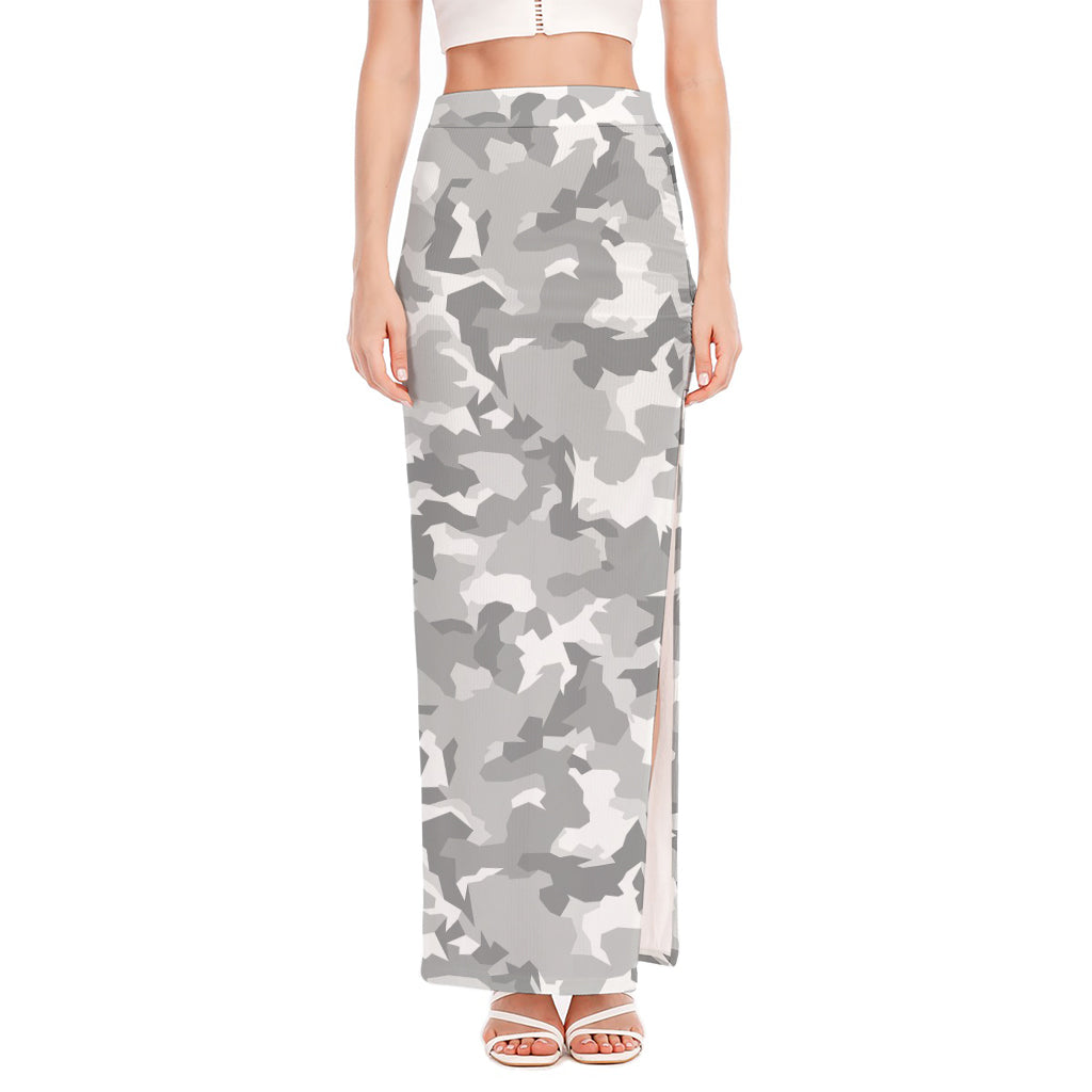White Snow Camouflage Print High Slit Maxi Skirt