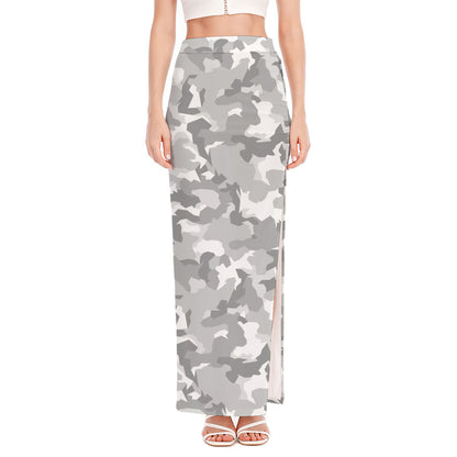 White Snow Camouflage Print High Slit Maxi Skirt