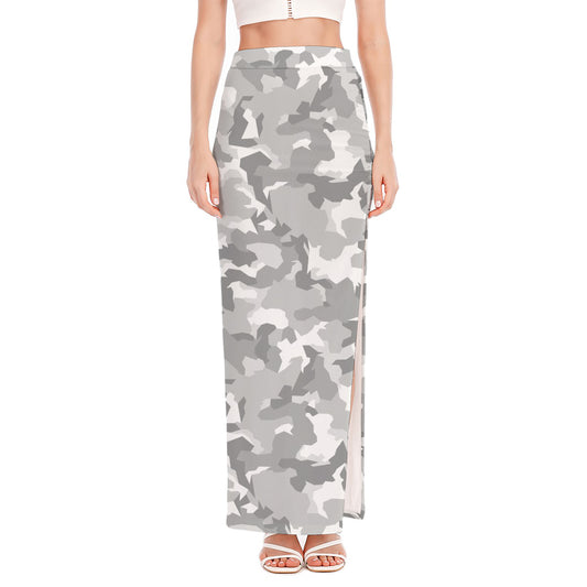 White Snow Camouflage Print High Slit Maxi Skirt