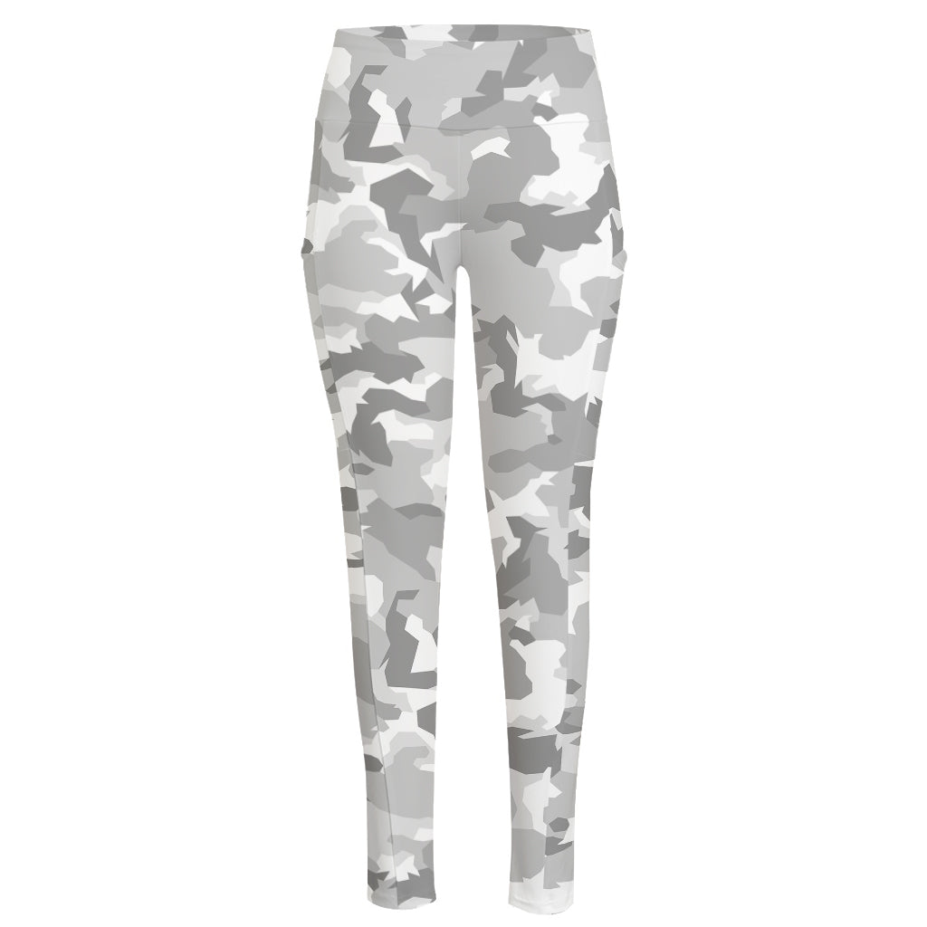 White Snow Camouflage Print High-Waisted Pocket Leggings