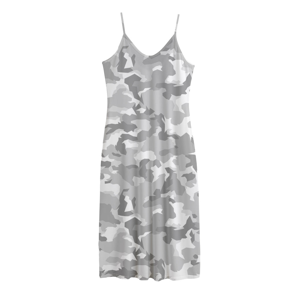 White Snow Camouflage Print Jersey Midi Cami Dress