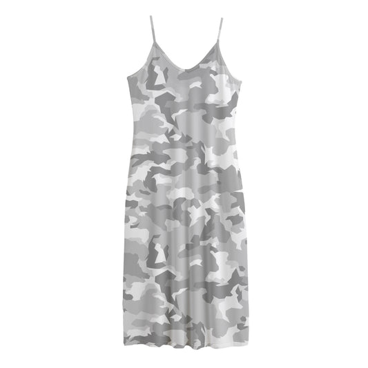 White Snow Camouflage Print Jersey Midi Cami Dress