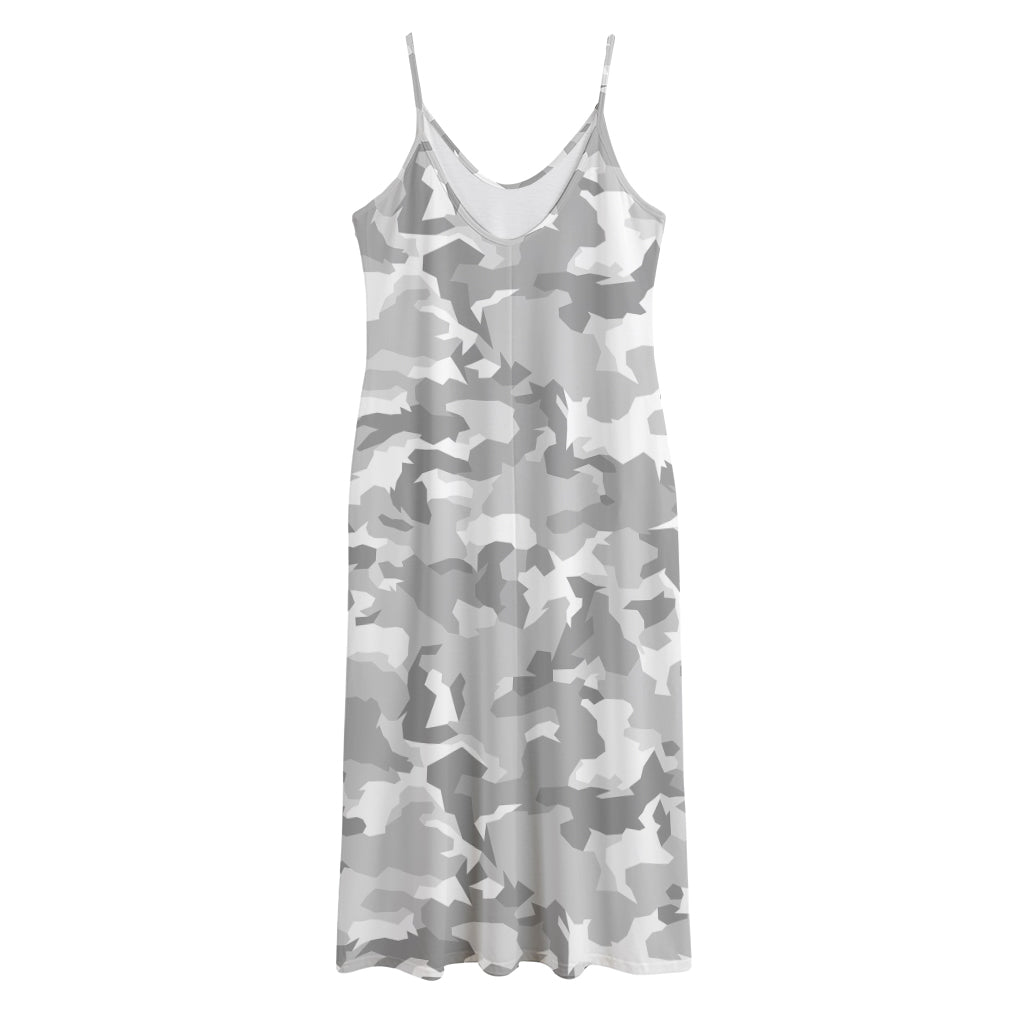 White Snow Camouflage Print Jersey Midi Cami Dress