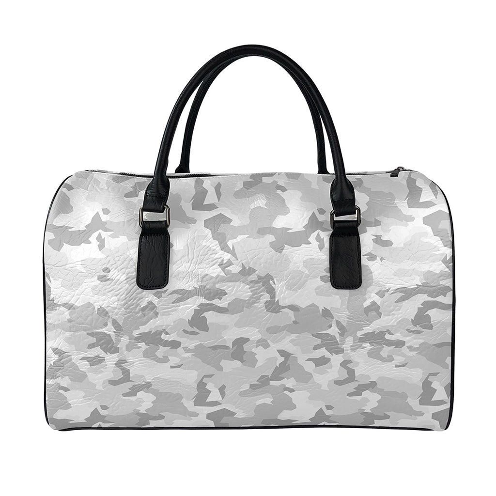 White Snow Camouflage Print Leather Duffle Bag