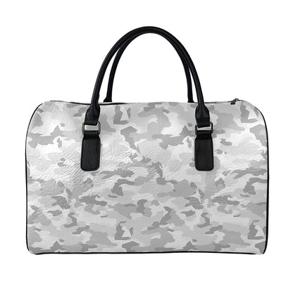 White Snow Camouflage Print Leather Duffle Bag