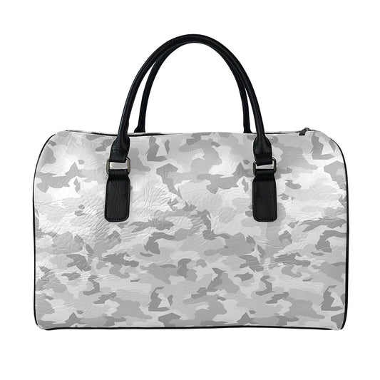 White Snow Camouflage Print Leather Duffle Bag