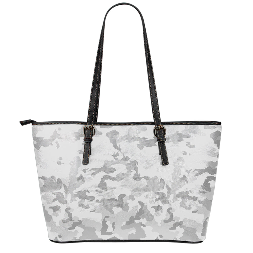 White Snow Camouflage Print Leather Tote Bag