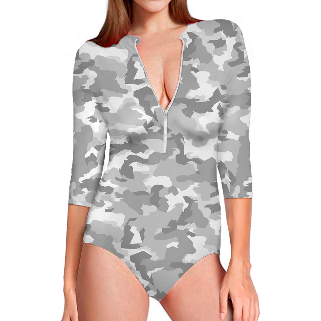 White Snow Camouflage Print Long Sleeve Swimsuit