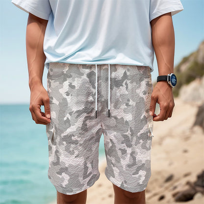 White Snow Camouflage Print Men's Cargo Shorts