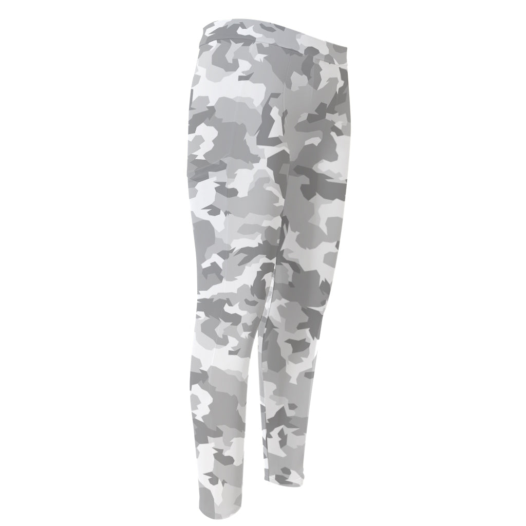 White Snow Camouflage Print Men's Compression Pants