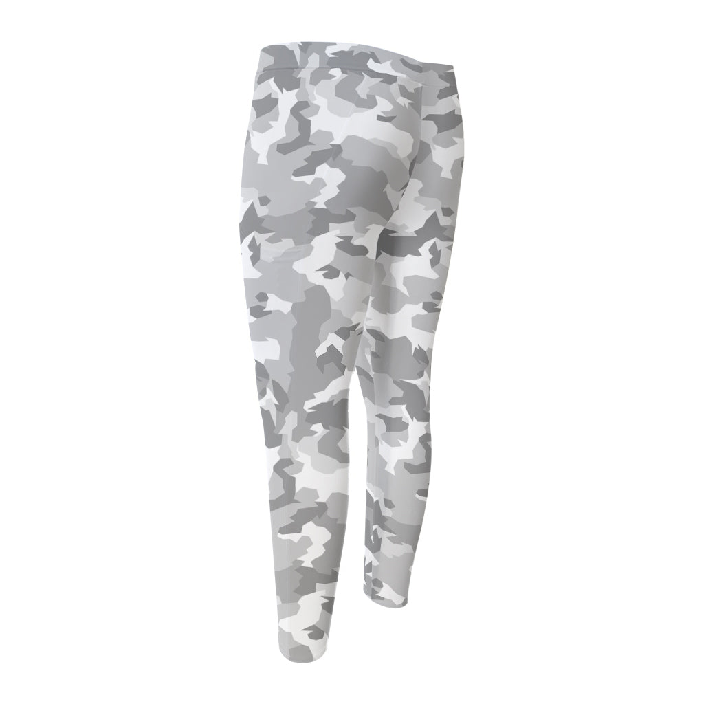 White Snow Camouflage Print Men's Compression Pants