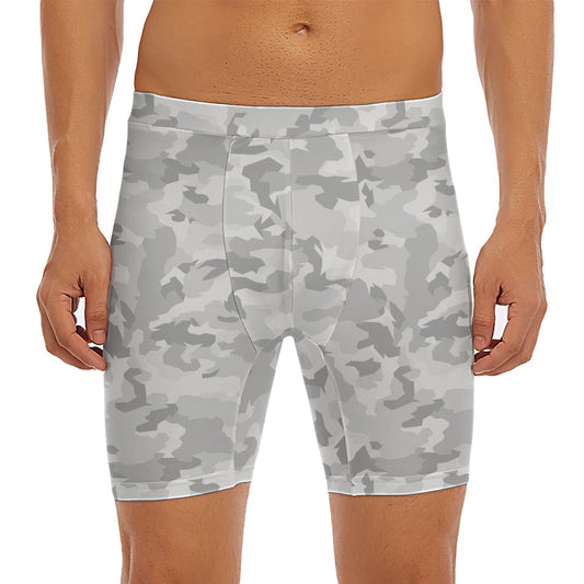 White Snow Camouflage Print Men's Long Boxer Briefs
