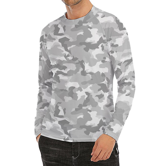 White Snow Camouflage Print Men's Long Sleeve Rash Guard