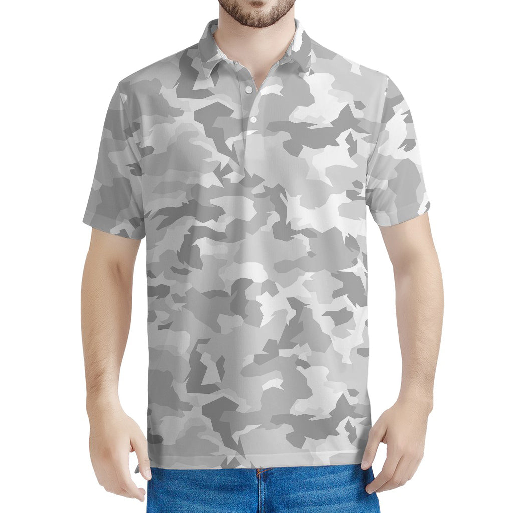 White Snow Camouflage Print Men's Polo Shirt