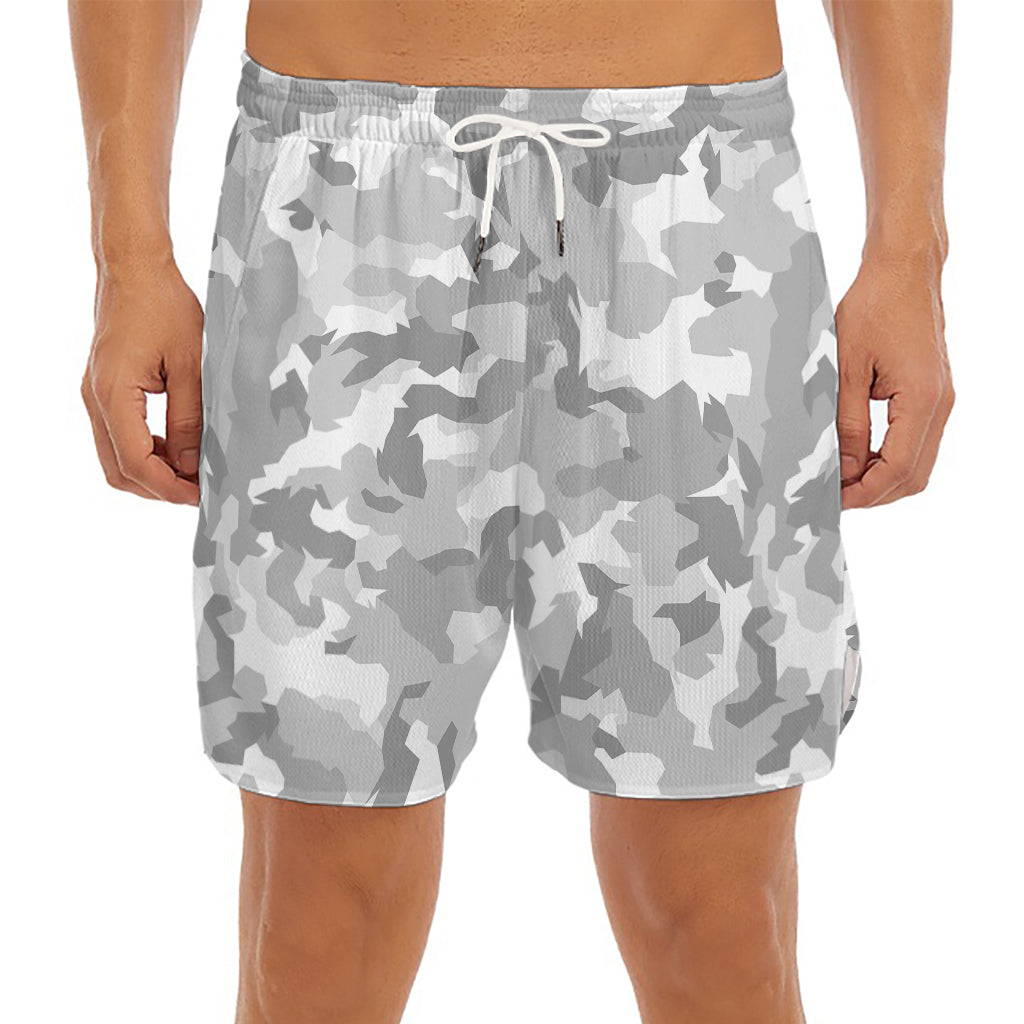White Snow Camouflage Print Men's Split Running Shorts
