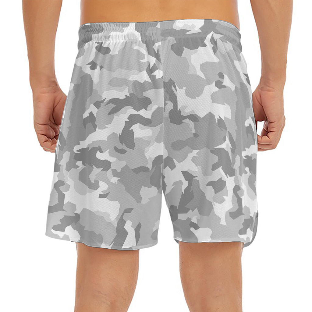 White Snow Camouflage Print Men's Split Running Shorts