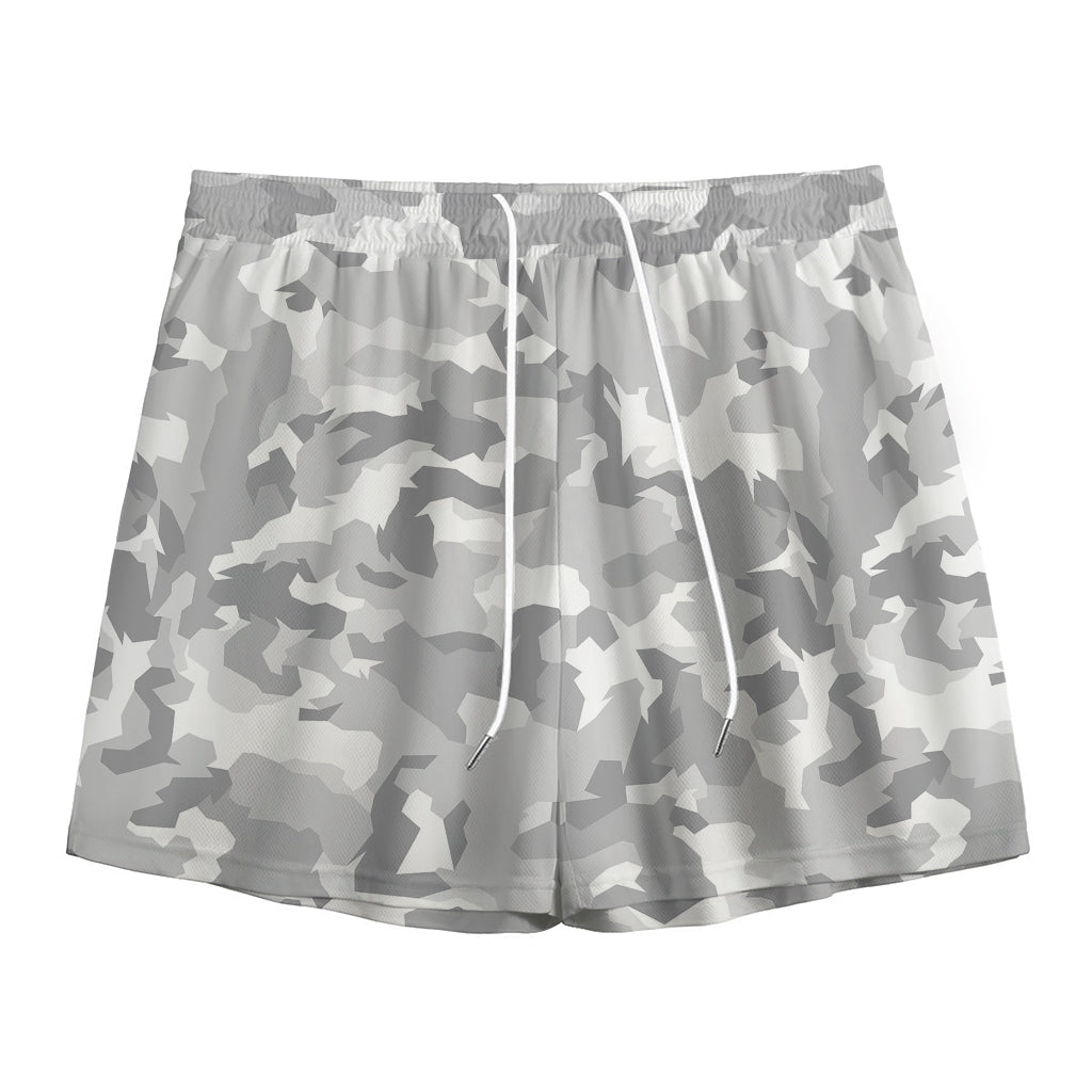 White Snow Camouflage Print Mesh Shorts