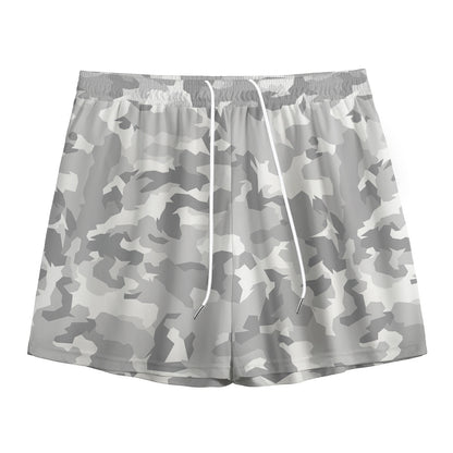 White Snow Camouflage Print Mesh Shorts
