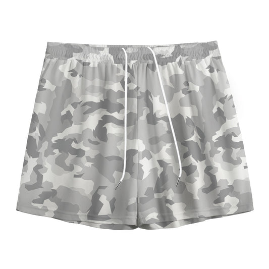 White Snow Camouflage Print Mesh Shorts