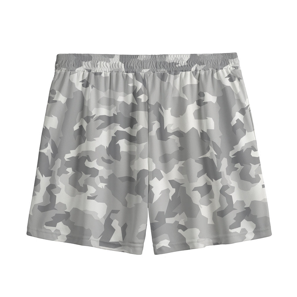 White Snow Camouflage Print Mesh Shorts