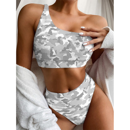 White Snow Camouflage Print One Shoulder Bikini Top