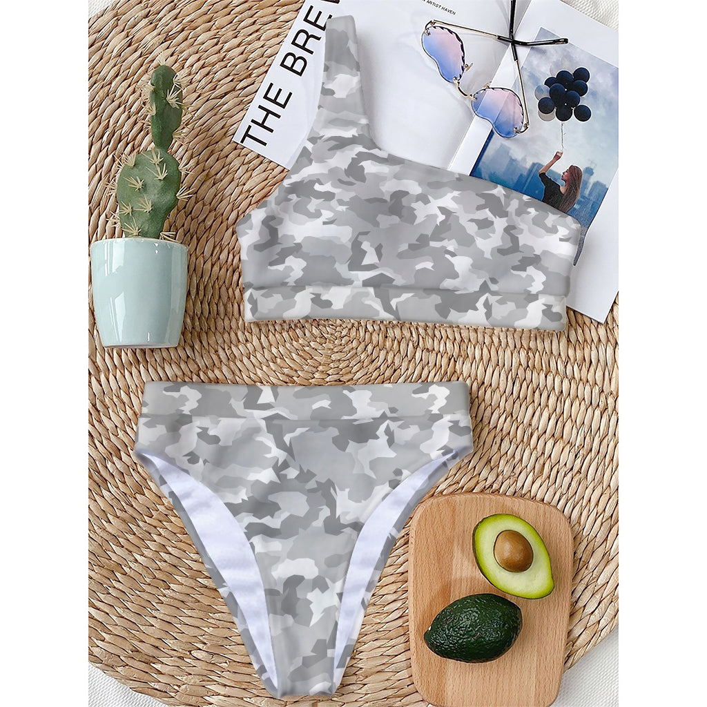 White Snow Camouflage Print One Shoulder Bikini Top