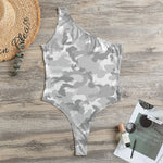 White Snow Camouflage Print One Shoulder Bodysuit