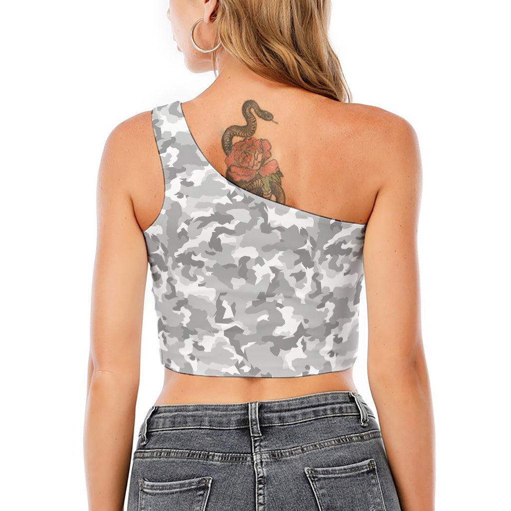 White Snow Camouflage Print One Shoulder Crop Top
