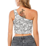 White Snow Camouflage Print One Shoulder Crop Top