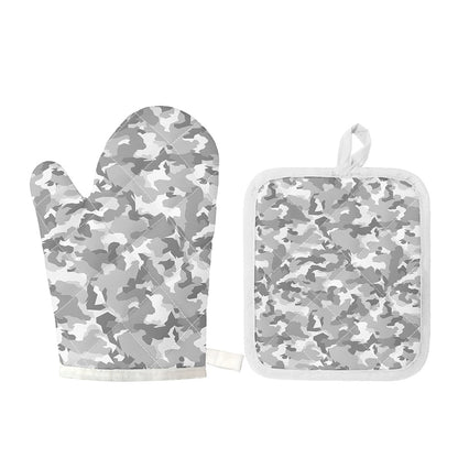 White Snow Camouflage Print Oven Mitt And Pot Holder Set
